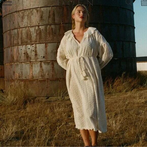 NWT Doen Persephone Embroidery Midi Dress Sz S Ivory Magnolia Semi Sheer #2J426 - Picture 3 of 15